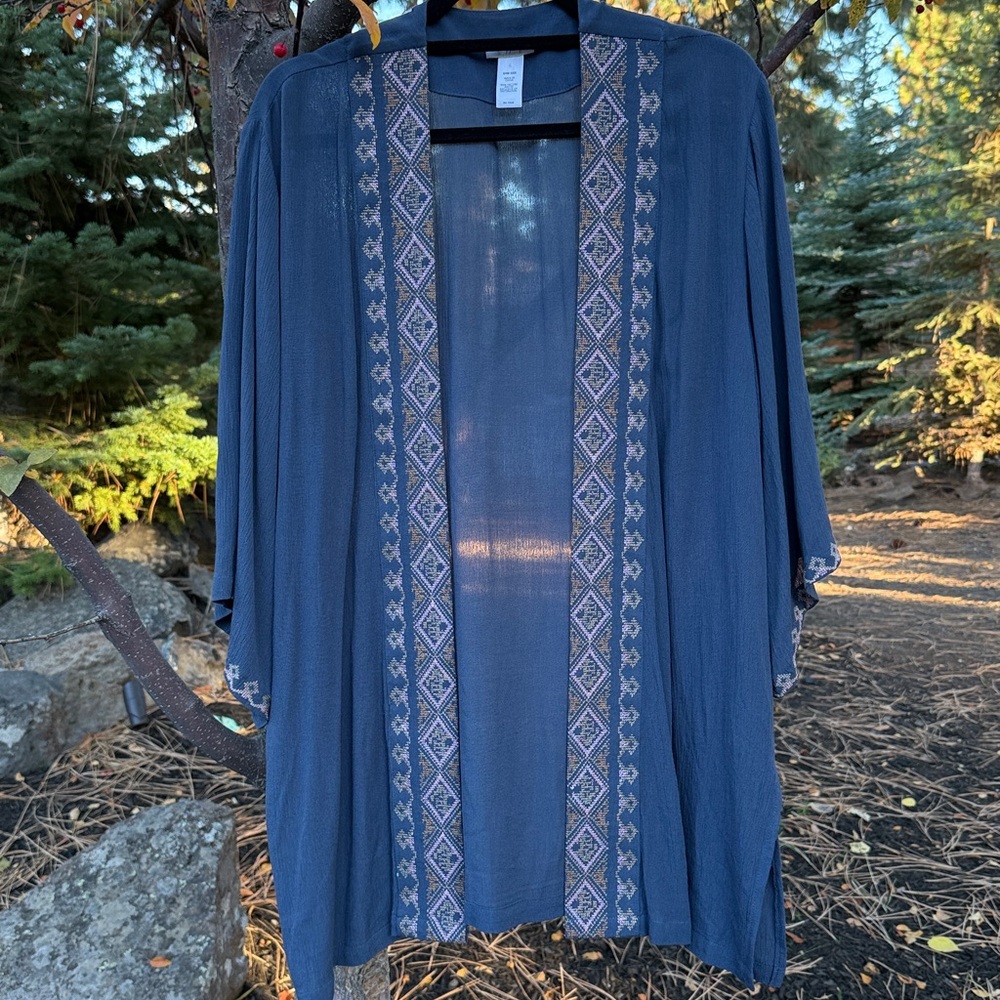 JJill Blue Kimono with Embroidered Trim - one size